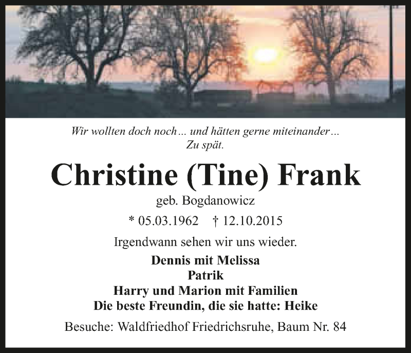  Traueranzeige für Christine Frank vom 29.10.2015 aus 