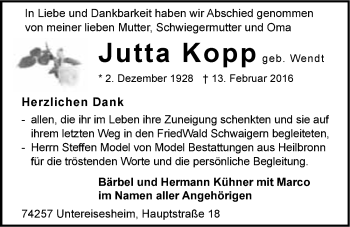 Traueranzeige von Jutta Kopp 