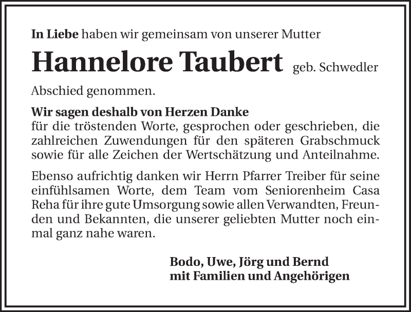  Traueranzeige für Hannelore Taubert vom 02.05.2015 aus 