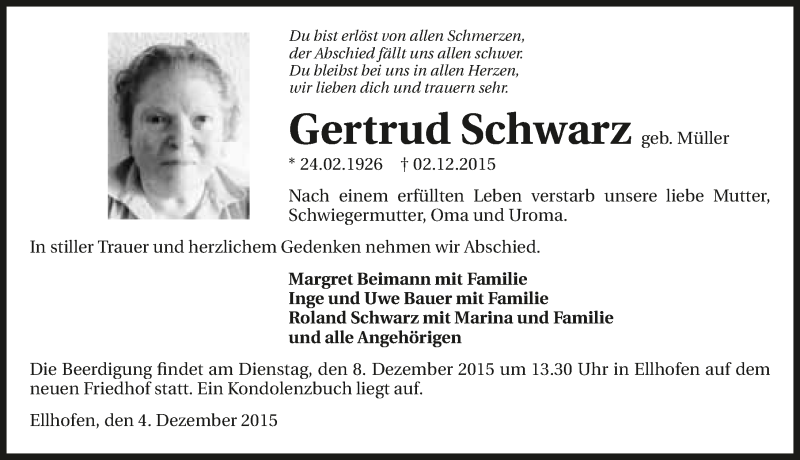  Traueranzeige für Gertrud Schwarz vom 04.12.2015 aus 