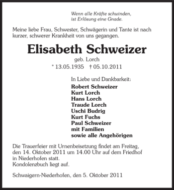 Traueranzeige von Elisabeth Schweizer 