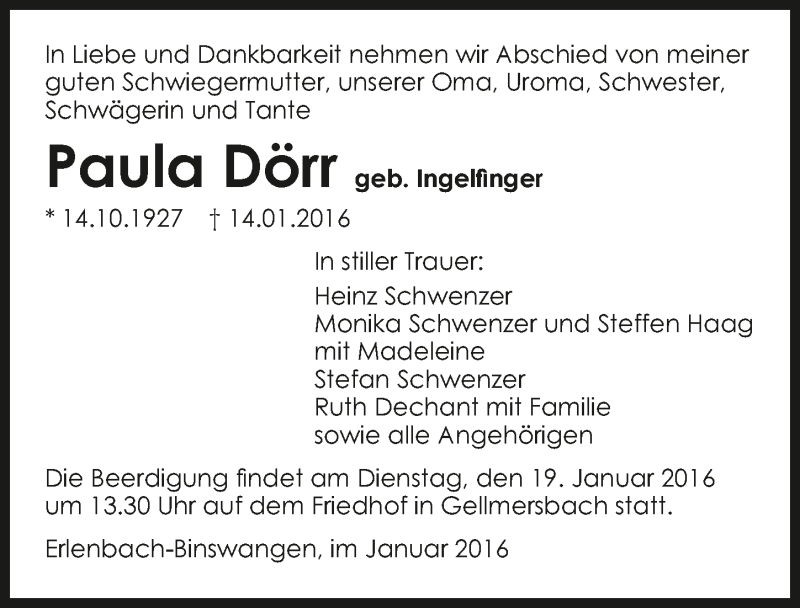  Traueranzeige für Paula Dörr vom 16.01.2016 aus 