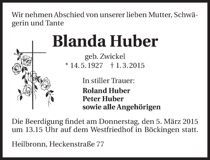  Traueranzeige für Blanda Huber vom 03.03.2015 aus 