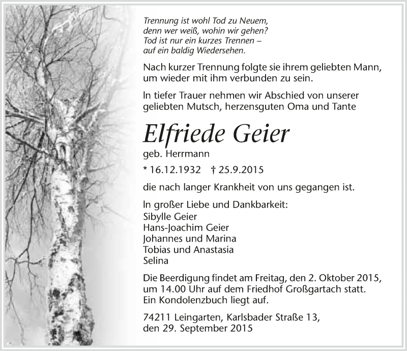  Traueranzeige für Elfriede Geier vom 29.09.2015 aus 