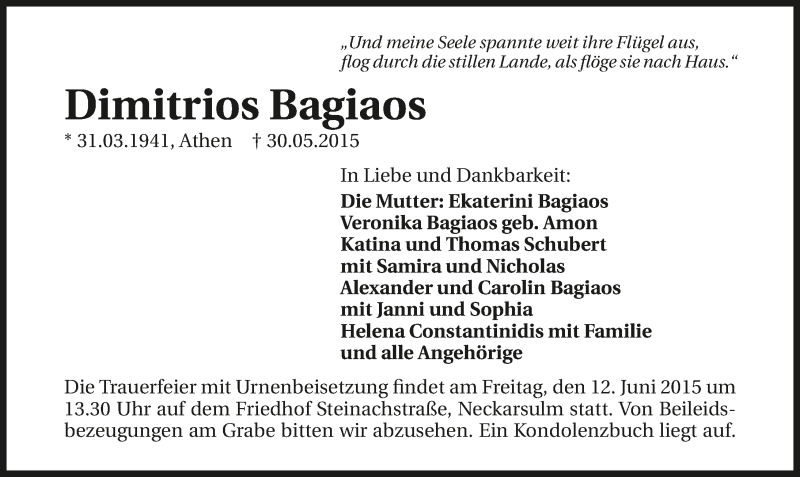  Traueranzeige für Dimitrios Bagiaos vom 09.06.2015 aus 