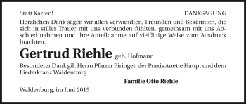 Traueranzeige von Gertrud Riehle 