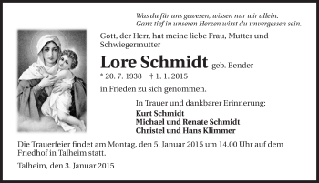 Traueranzeige von Lore Schmidt 