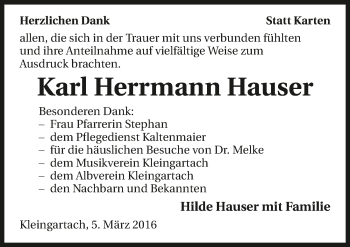 Traueranzeige von Karl Herrmann Hauser 