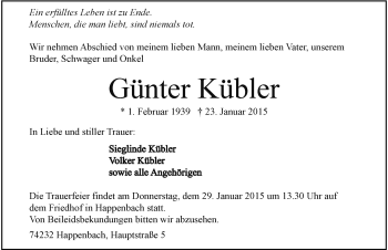 Traueranzeige von Günter Kübler 