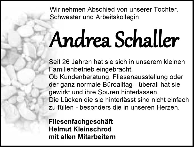  Traueranzeige für Andrea Schaller vom 14.12.2015 aus 