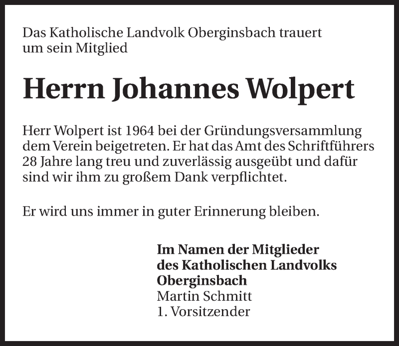  Traueranzeige für Johannes Wolpert vom 09.05.2015 aus 