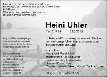 Traueranzeige von Heini Uhler 