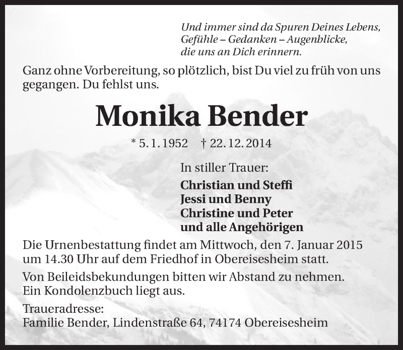  Traueranzeige für Monika Bender vom 02.01.2015 aus 
