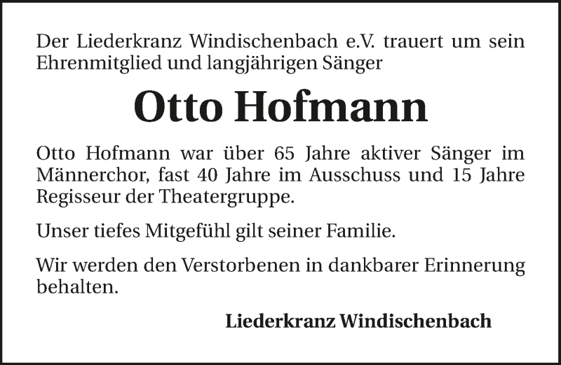  Traueranzeige für Otto Hofmann vom 02.09.2015 aus 