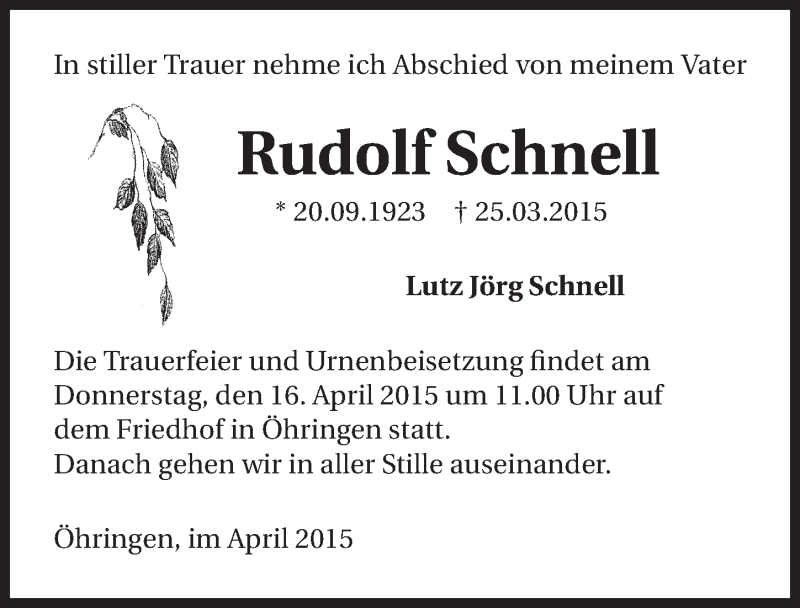  Traueranzeige für Rudolf Schnell vom 14.04.2015 aus 