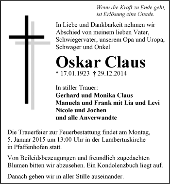 Traueranzeige von Oskar Claus 