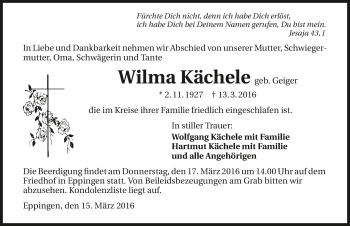 Traueranzeige von Wilma Kächele 