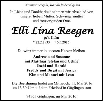 Traueranzeige von Elli Lina Reegen 