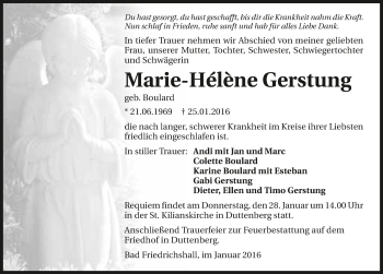 Traueranzeige von Marie-Hélène Gerstung 
