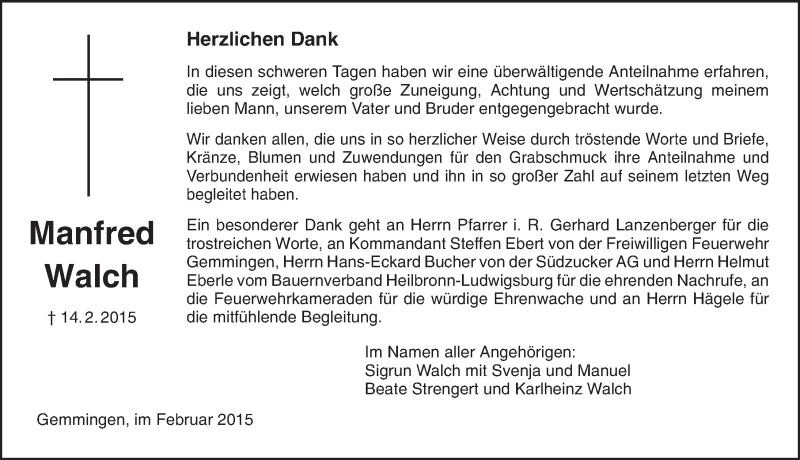  Traueranzeige für Manfred Walch vom 26.02.2015 aus 