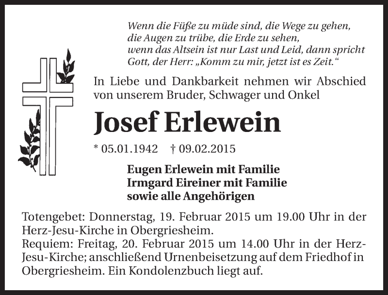  Traueranzeige für Josef Erlewein vom 18.02.2015 aus 