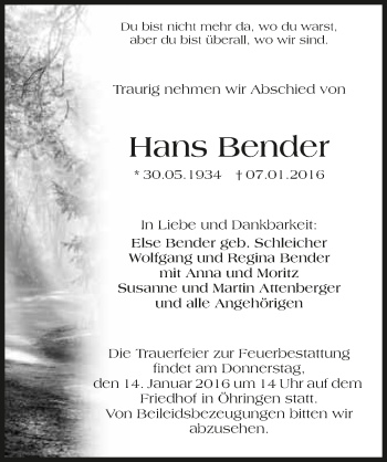 Traueranzeige von Hans Bender 