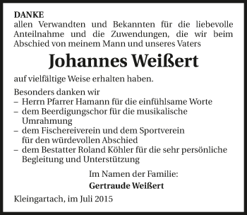 Traueranzeige von Johannes Weißert 