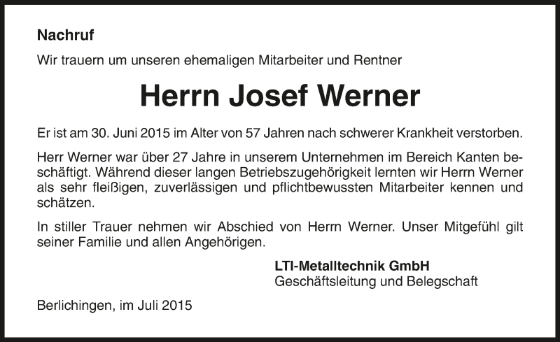  Traueranzeige für Josef Werner vom 02.07.2015 aus 