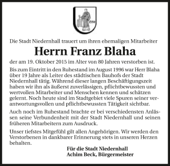 Traueranzeige von Franz Blaha 