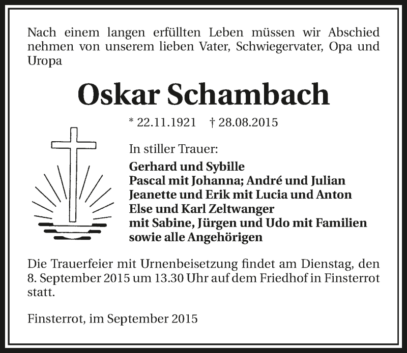  Traueranzeige für Oskar Schambach vom 04.09.2015 aus 