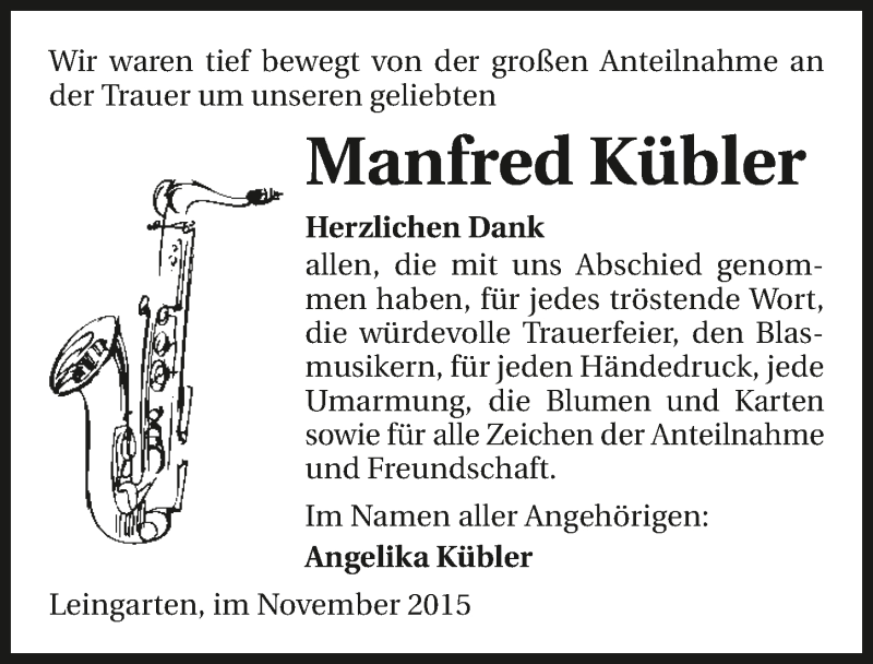  Traueranzeige für Manfred Kübler vom 21.11.2015 aus 