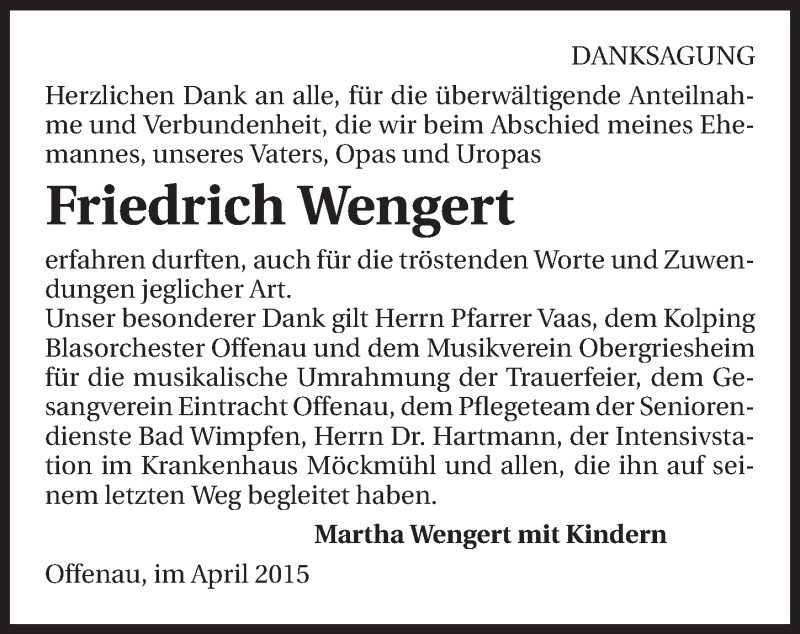  Traueranzeige für Friedrich Wengert vom 16.04.2015 aus 