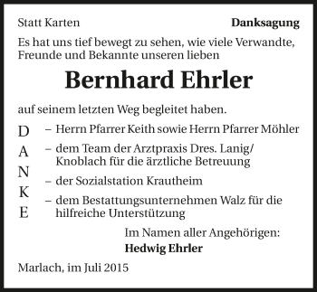 Traueranzeige von Bernhard Ehrler 