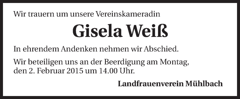  Traueranzeige für Gisela Weiß vom 31.01.2015 aus 