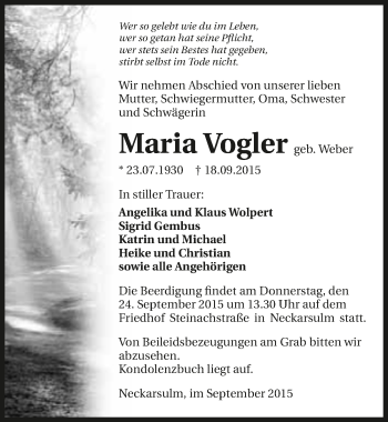 Traueranzeige von Maria Vogler 
