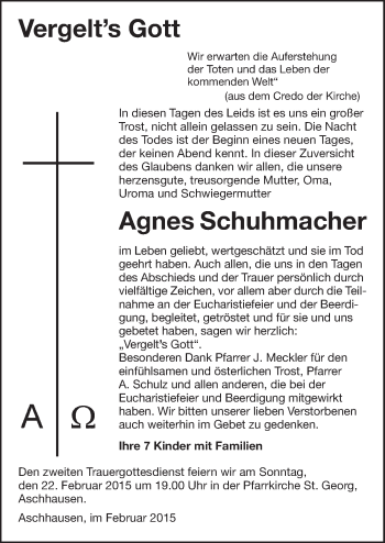 Traueranzeige von Agnes Schuhmacher 