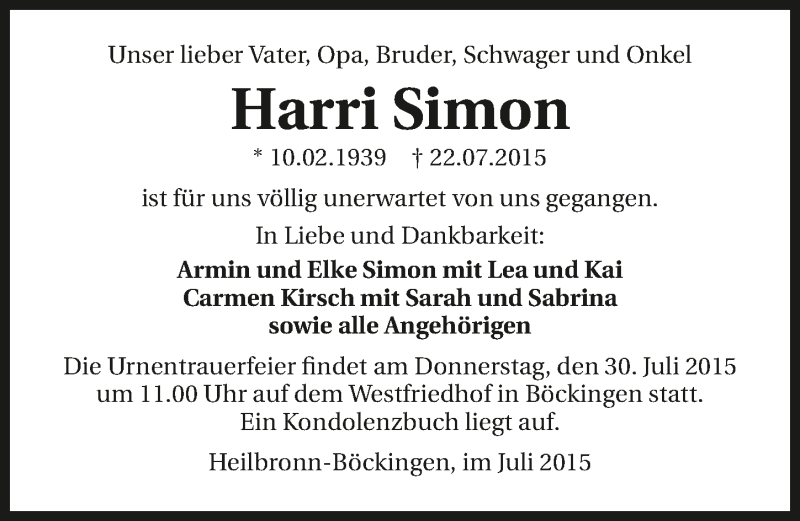  Traueranzeige für Harri Simon vom 25.07.2015 aus 