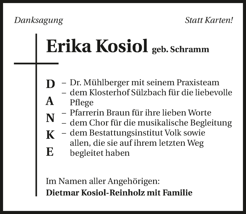  Traueranzeige für Erika Kosiol vom 05.12.2015 aus 