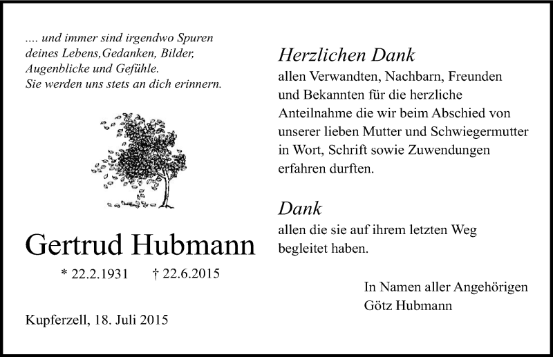  Traueranzeige für Gertrud Hubmann vom 18.07.2015 aus 
