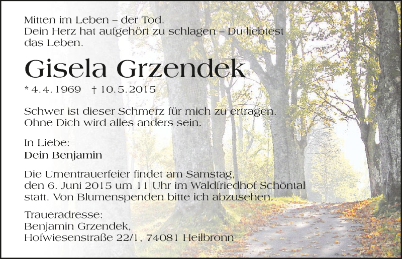  Traueranzeige für Gisela Grzendeck vom 30.05.2015 aus 