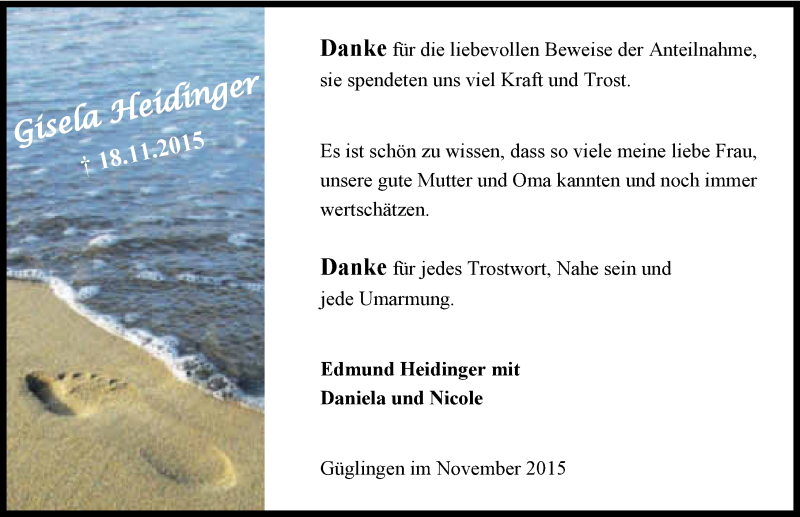  Traueranzeige für Gisela Heidinger vom 03.12.2015 aus 