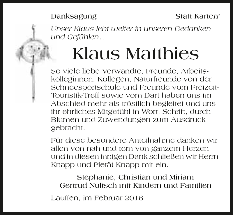  Traueranzeige für Klaus Matthies vom 05.03.2016 aus 