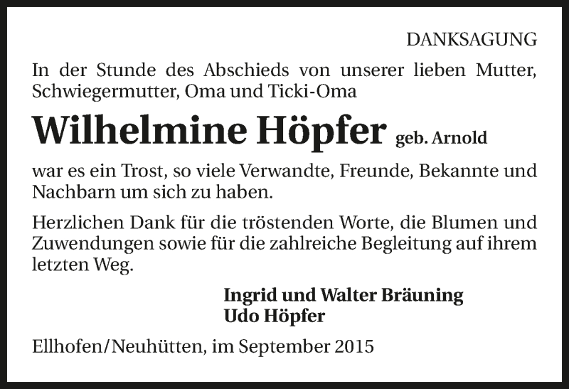  Traueranzeige für Wilhelmine Höpfer vom 30.09.2015 aus 