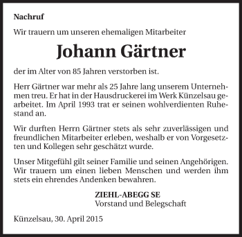 Traueranzeige von Johann Gärtner 