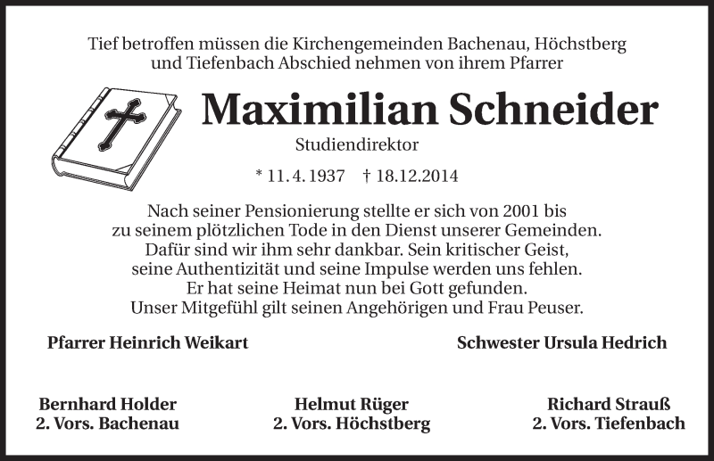  Traueranzeige für Maximilian Schneider vom 20.12.2014 aus 