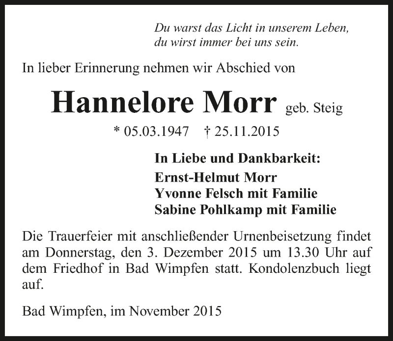  Traueranzeige für Hannelore Morr vom 30.11.2015 aus 