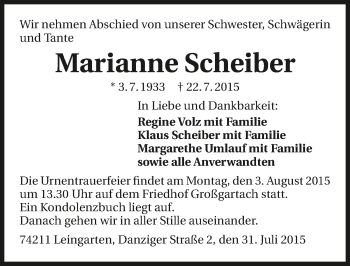 Traueranzeige von Marianne Schreiber 
