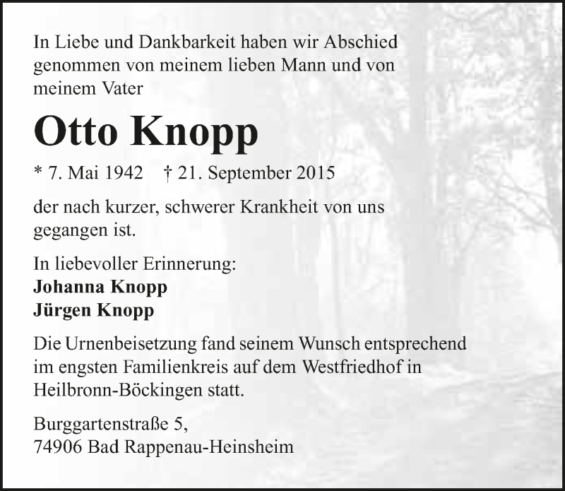  Traueranzeige für Otto Knopp vom 02.10.2015 aus 