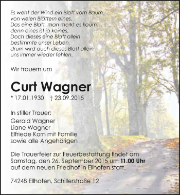 Traueranzeige von Curt Wagner 