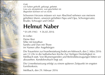 Traueranzeige von Helmut Naber 